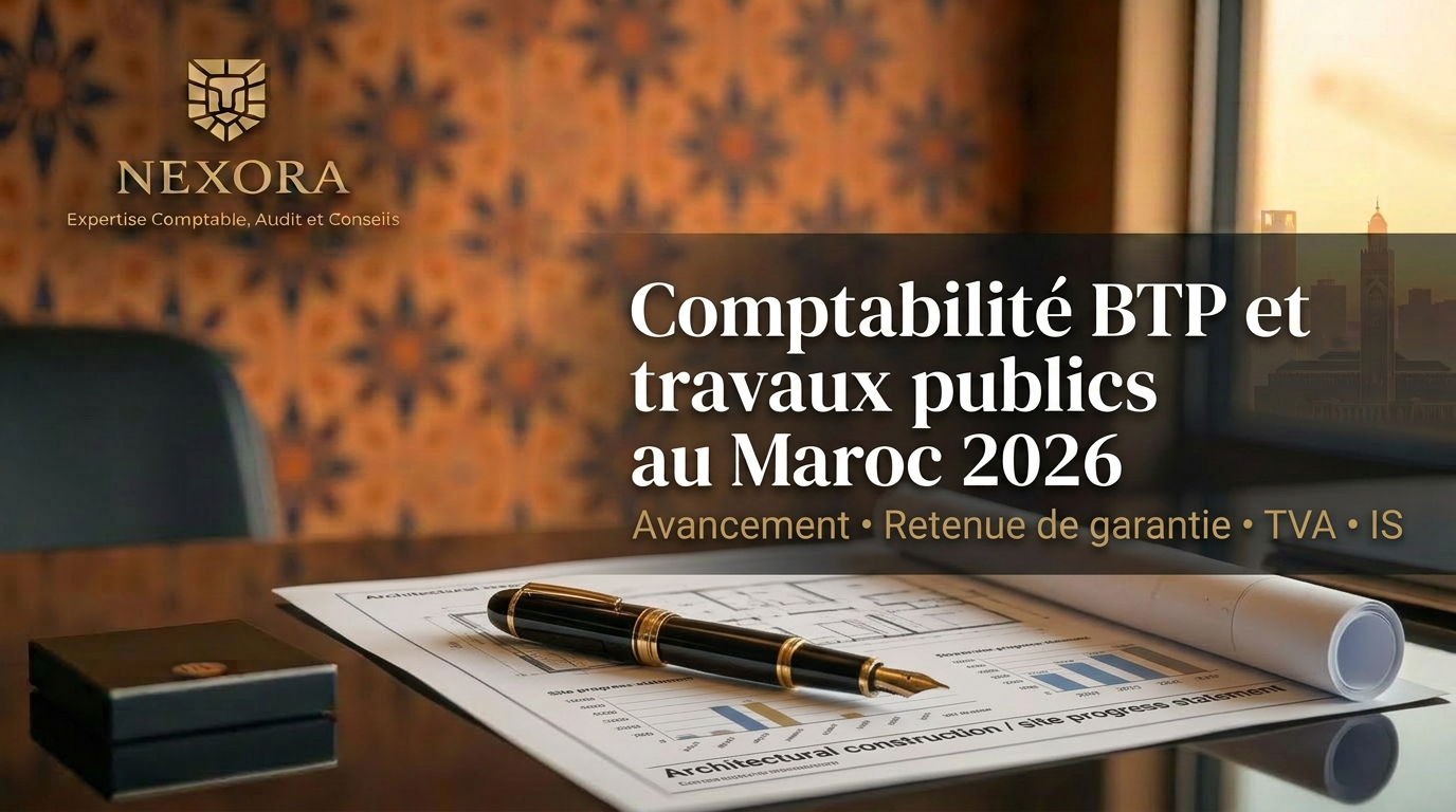 Comptabilité BTP et travaux publics au Maroc en 2026 — avancement des chantiers, retenue de garantie, TVA et marchés publics — NEXORA Expertise Comptable, Audit et Conseils Comptabilité BTP et travaux publics au Maroc en 2026 — avancement des chantiers, retenue de garantie, TVA et marchés publics — NEXORA Expertise Comptable, Audit et Conseils