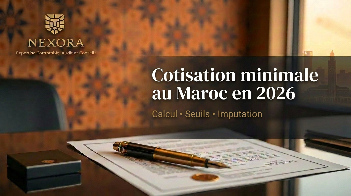 Cotisation minimale au Maroc en 2026 — base de calcul, taux, minimum de perception et imputation (CGI art. 144) — NEXORA Expertise Comptable, Audit et Conseils Cotisation minimale au Maroc en 2026 — base de calcul, taux, minimum de perception et imputation (CGI art. 144) — NEXORA Expertise Comptable, Audit et Conseils