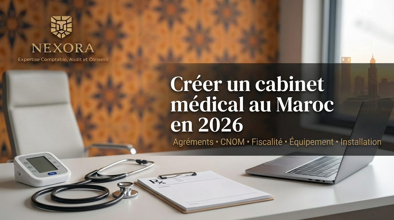 Créer un cabinet médical au Maroc en 2026 : inscription à l'Ordre national des médecins, installation, fiscalité et comptabilité — NEXORA Expertise Comptable, Audit et Conseils Créer un cabinet médical au Maroc en 2026 : inscription à l'Ordre national des médecins, installation, fiscalité et comptabilité — NEXORA Expertise Comptable, Audit et Conseils