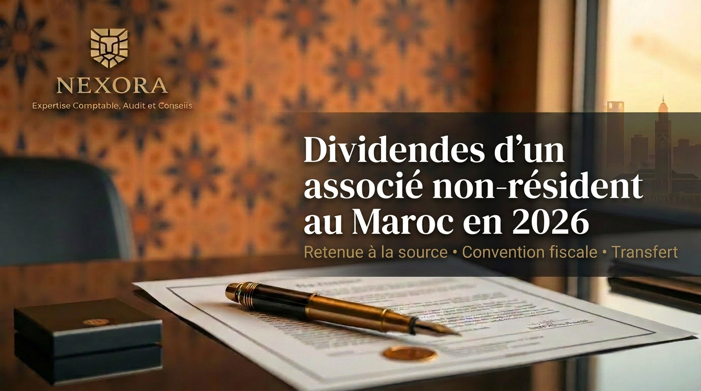 Dividendes versés à un associé non-résident au Maroc en 2026 — retenue à la source, convention fiscale et déclaration — NEXORA Expertise Comptable, Audit et Conseils Dividendes versés à un associé non-résident au Maroc en 2026 — retenue à la source, convention fiscale et déclaration — NEXORA Expertise Comptable, Audit et Conseils