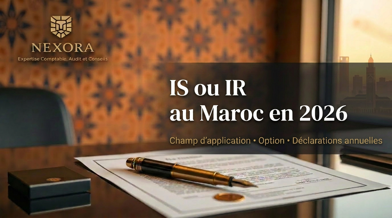 IS ou IR au Maroc en 2026 — champ d'application, option et déclarations — NEXORA Expertise Comptable, Audit et Conseils IS ou IR au Maroc en 2026 — champ d'application, option et déclarations — NEXORA Expertise Comptable, Audit et Conseils