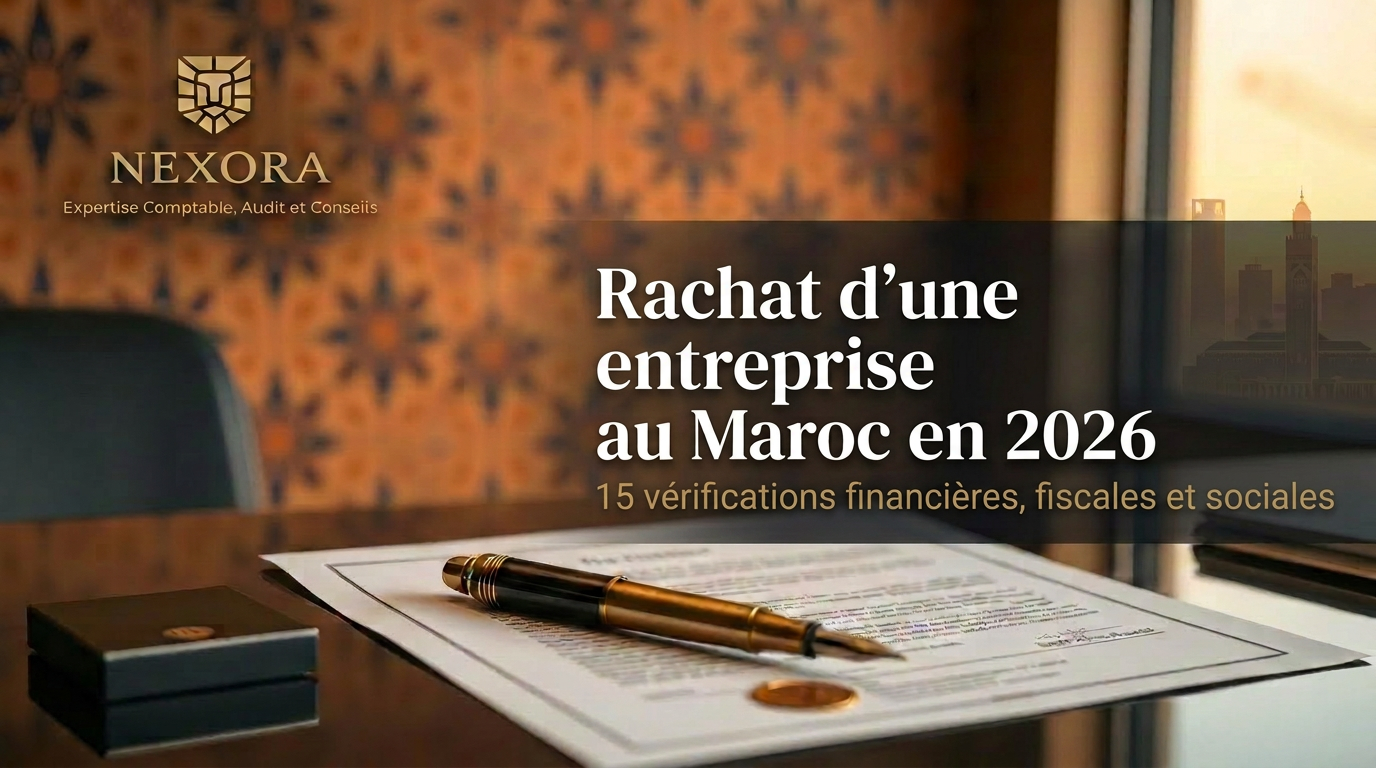 Rachat d'une entreprise au Maroc en 2026 — vérifications financières, fiscales et sociales avant acquisition — NEXORA Expertise Comptable, Audit et Conseils Rachat d'une entreprise au Maroc en 2026 — vérifications financières, fiscales et sociales avant acquisition — NEXORA Expertise Comptable, Audit et Conseils